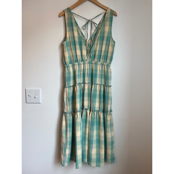 Sadie & Sage Teal Gingham Tiered Midi Dress Surplice V-Neck Plaid Sun Womens L - Picture 2 of 4